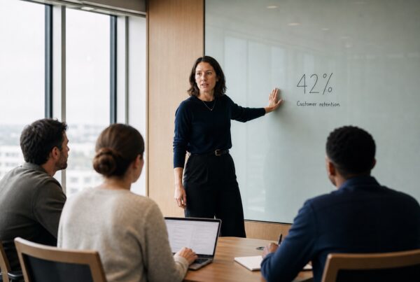 exec showing members in a meeting a number on a whiteboard