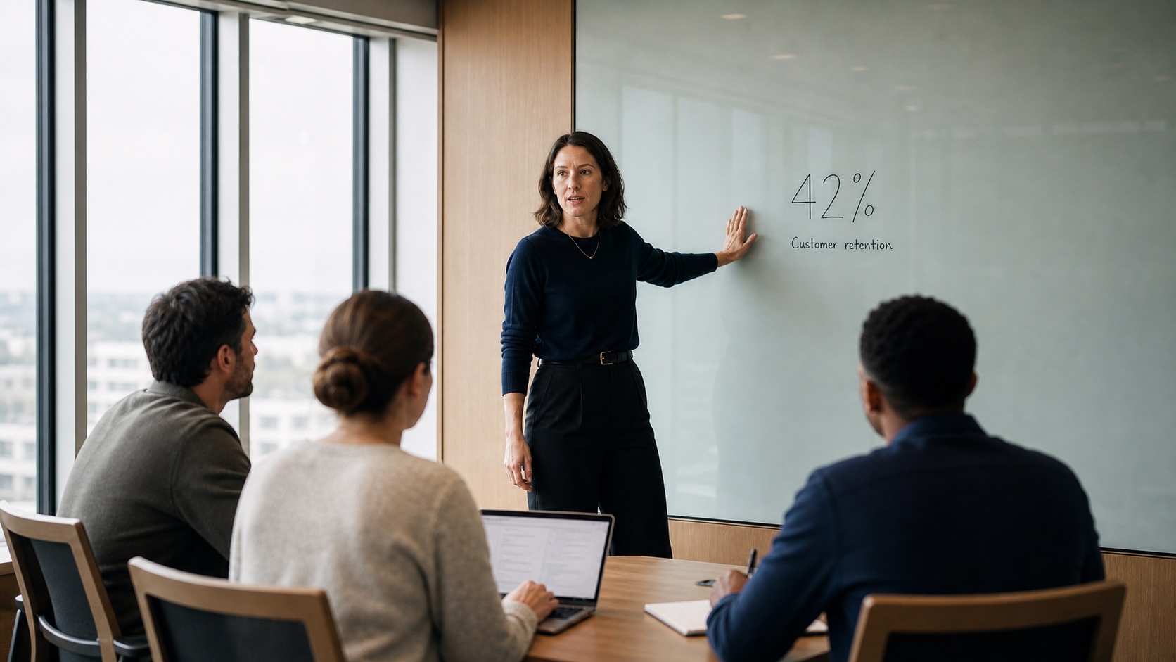 exec showing members in a meeting a number on a whiteboard